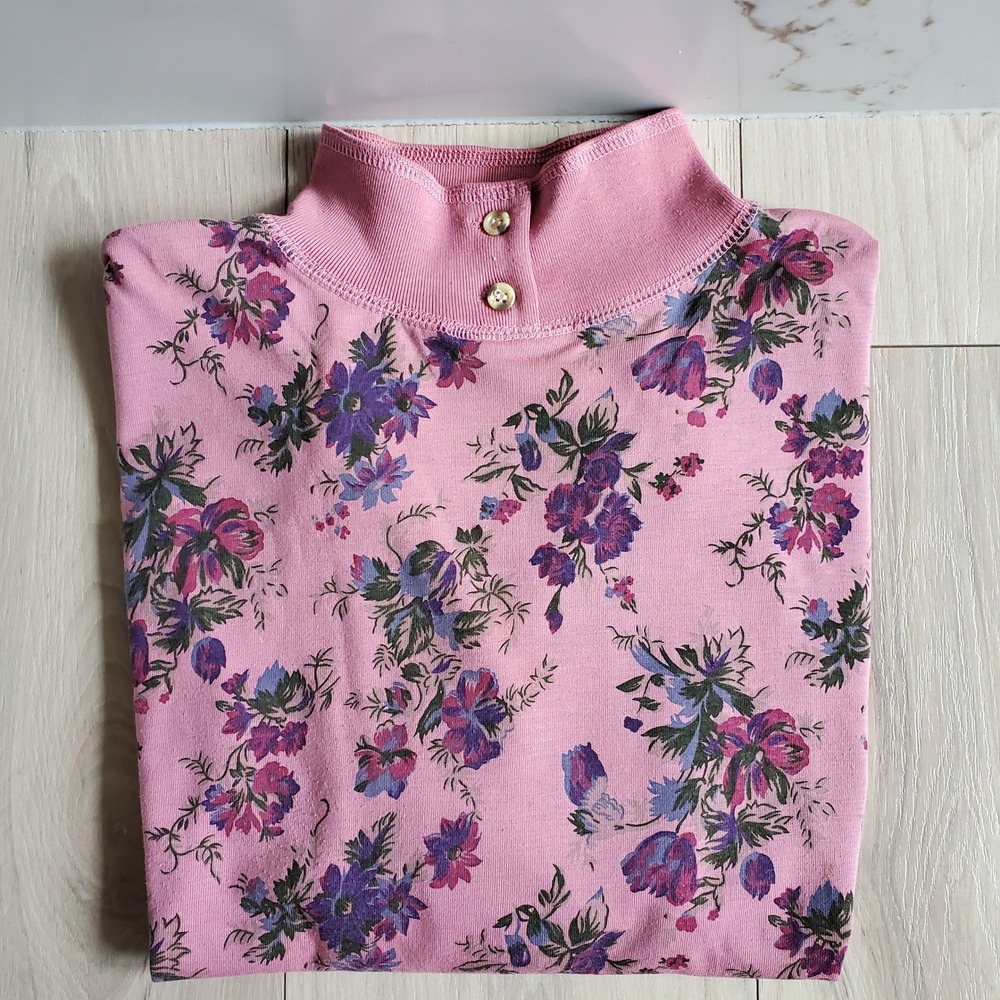 Ivy Club Floral Mock Neck Top Womens M Pink Floral Vintage Long Sleeve Pullover